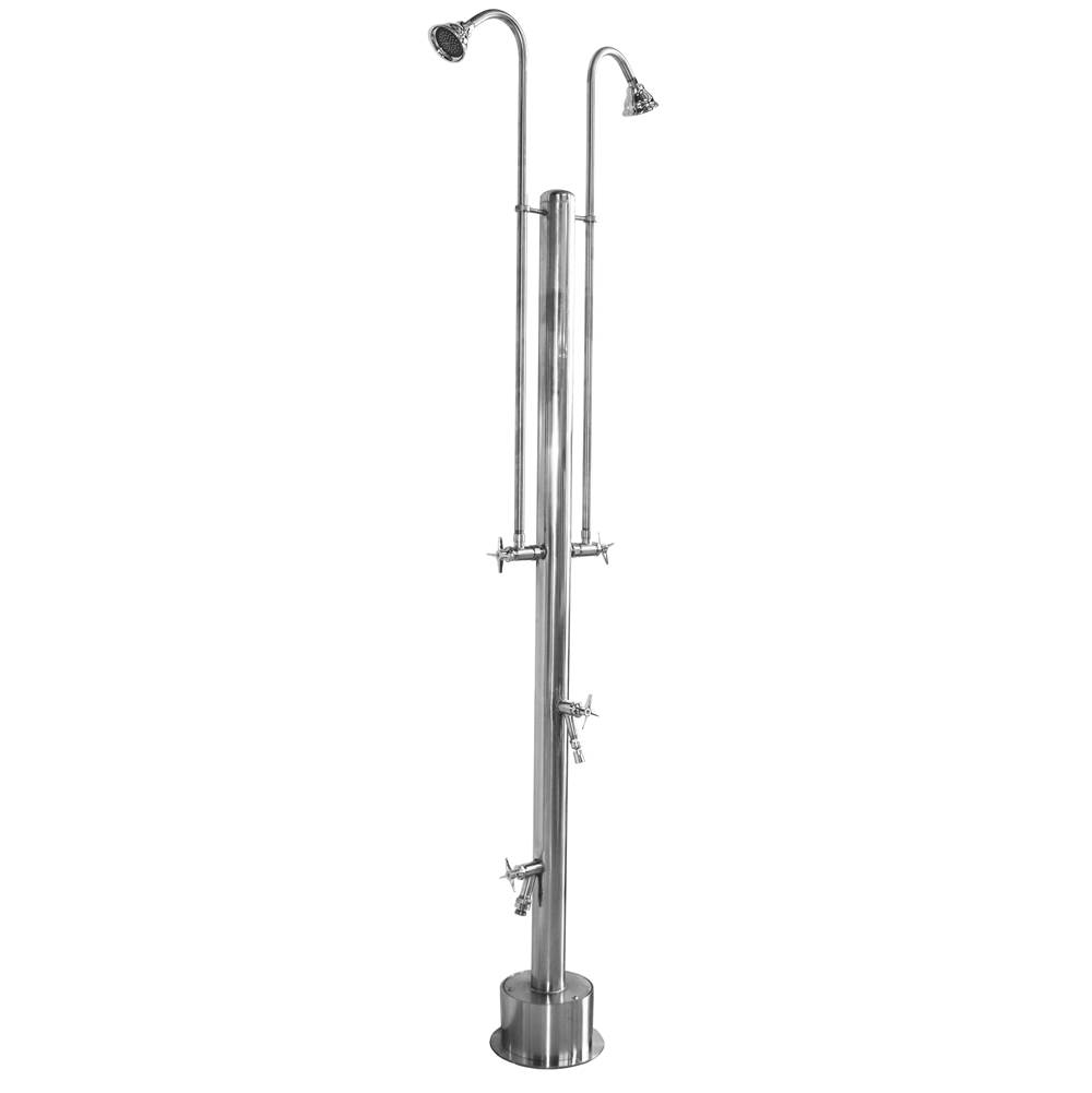 Outdoor Shower Free Standing Single Supply Shower - Cross Handle Valve, Two 3'' Shower Heads, Foot Shower, Hose Bibb