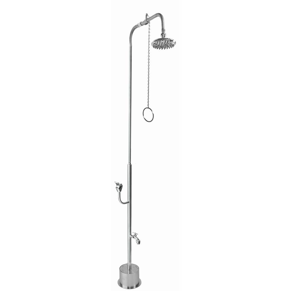 Outdoor Shower Free Standing Single Supply Shower - Pull Chain Valve, 8'' Shower Head, Hose Bibb, Push Button Drinking Fountain