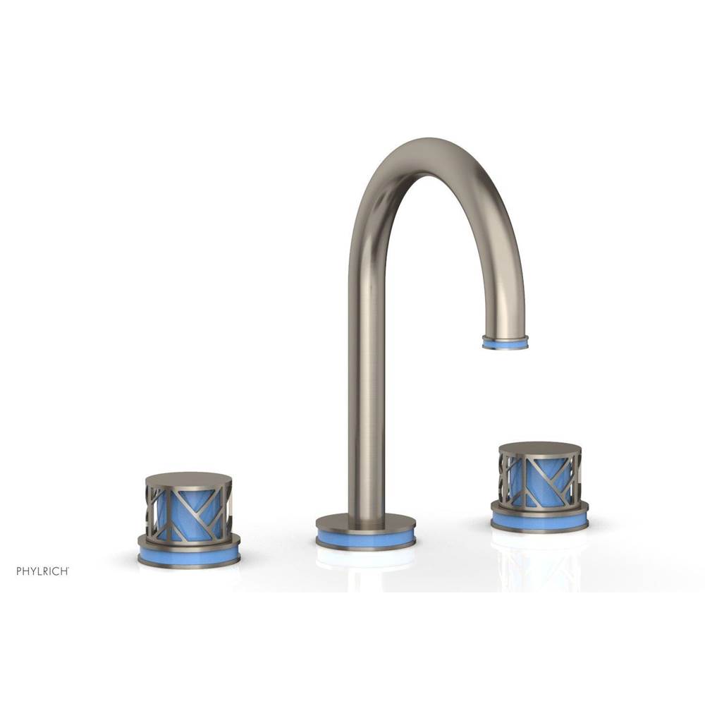 Phylrich Satin Chrome Jolie Widespread Lavatory Faucet With Gooseneck Spout, Round Cutaway Handles, And Light Blue Accents - 1.2GPM