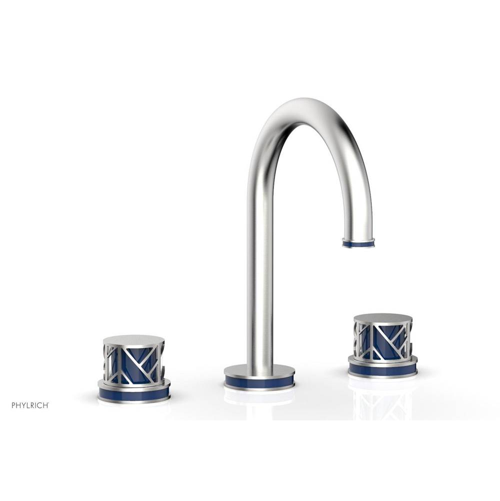 Phylrich Satin Brass Jolie Widespread Lavatory Faucet With Gooseneck Spout, Round Cutaway Handles, And Navy Blue Accents - 1.2GPM