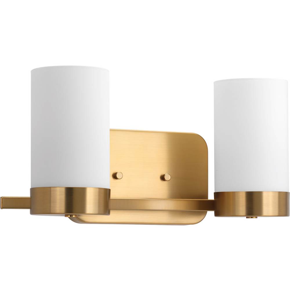 Progress Lighting Elevate Collection Two-Light Brushed Bronze Etched White Glass Mid-Century Modern Bath Vanity Light