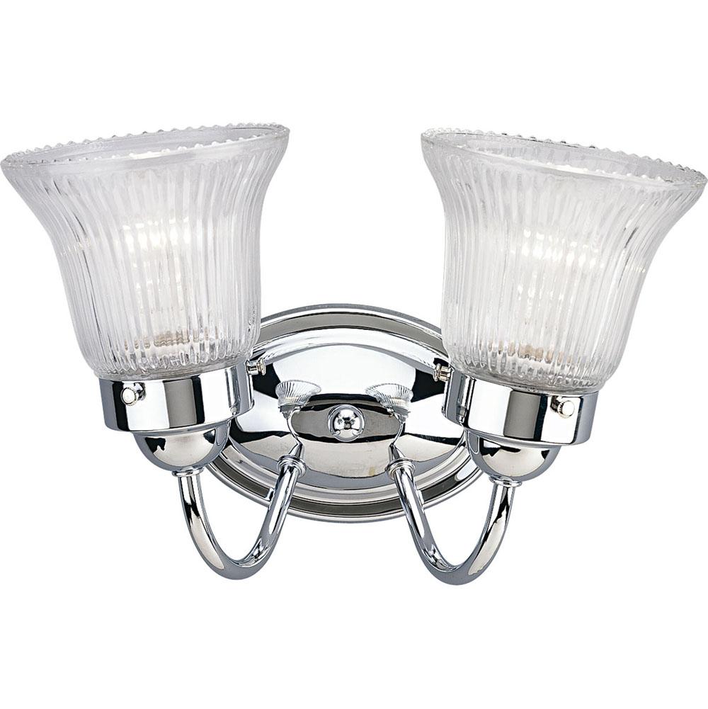 Progress Lighting Fluted Glass Collection Two-Light Polished Chrome Clear Prismatic Glass Traditional Bath Vanity Light