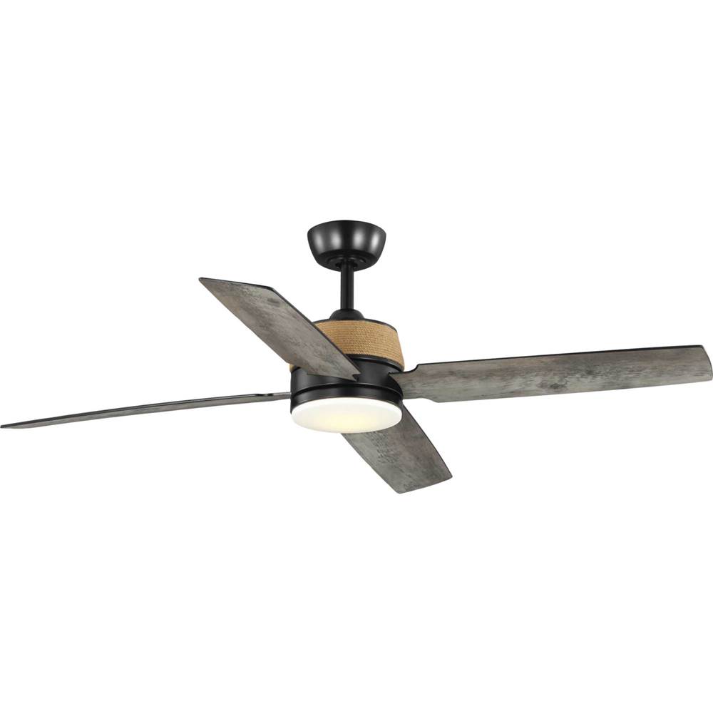 Progress Lighting Schaffer II Collection 56 in. Four-Blade Matte Black Modern Organic Ceiling Fan with Integrated LED Lamped Light and Natural Jute Accents