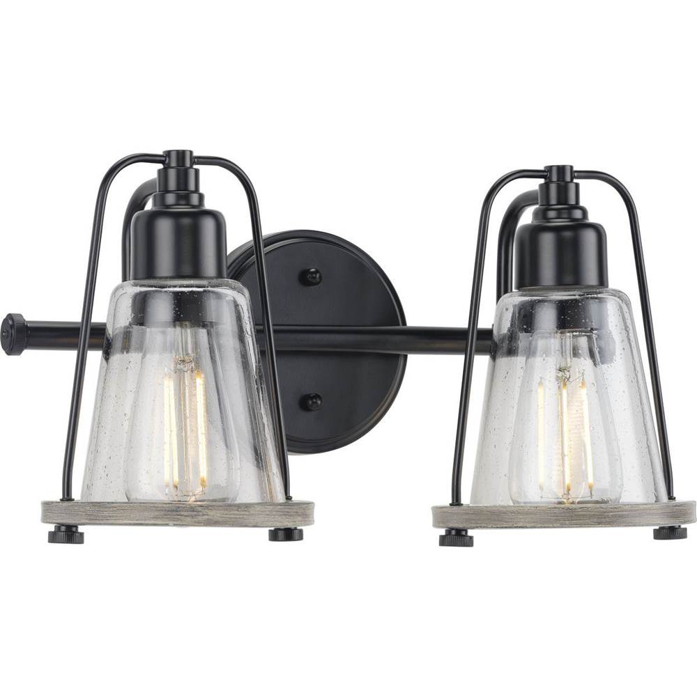 Progress Lighting Conway Collection Two-Light Matte Black and Clear Seeded Farmhouse Style Bath Vanity Wall Light