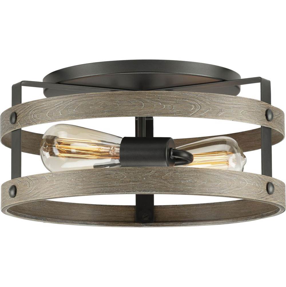 Progress Lighting Gulliver Collection Two-Light Graphite and Weathered Gray Farmhouse Style Flush Mount Ceiling Light