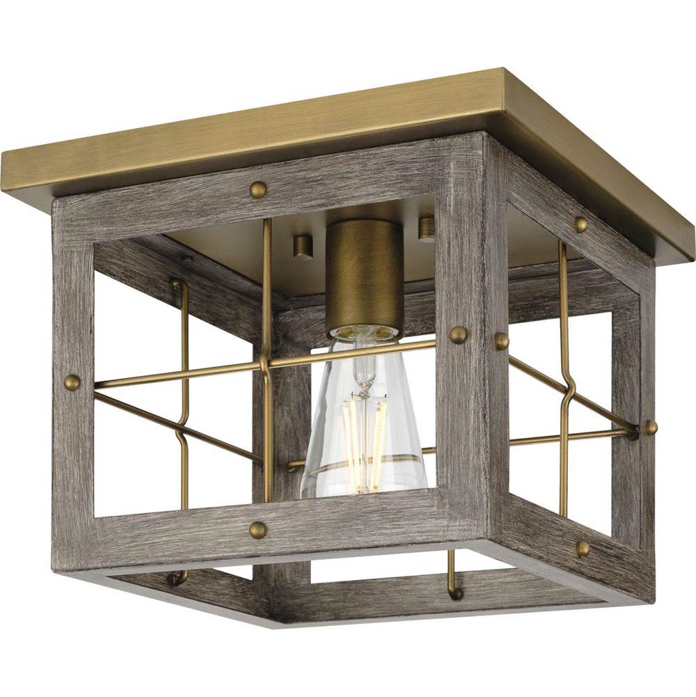 Progress Lighting Hedgerow Collection One-Light Distressed Brass and Aged Oak Farmhouse Style Flush Mount Ceiling Light