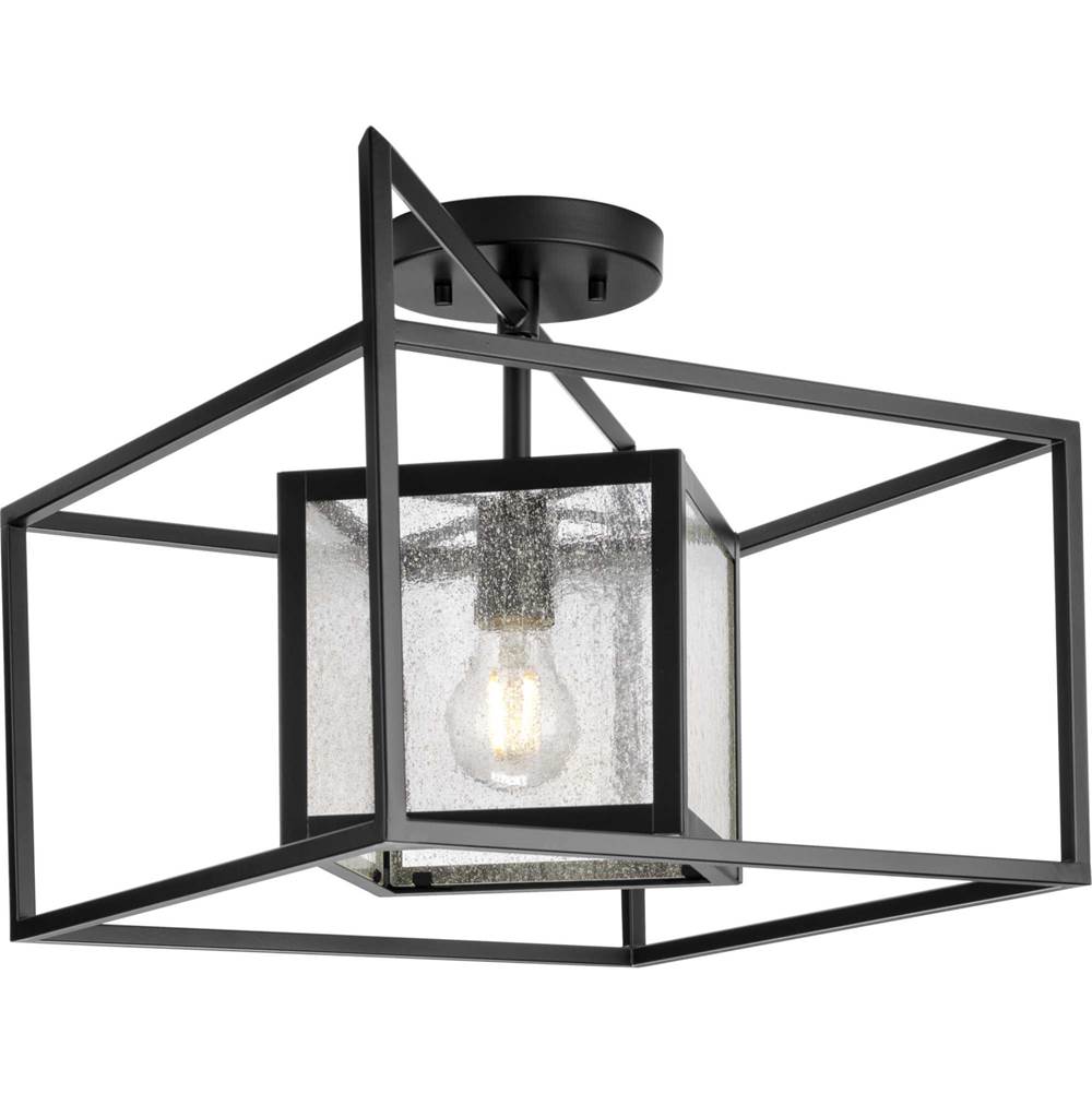 Progress Lighting Navarre One-Light Matte Black and Seeded Glass Indoor/Outdoor Close-to-Ceiling Light