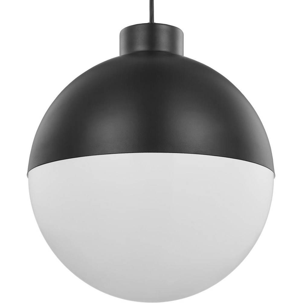 Progress Lighting Globe LED Collection One-Light Matte Black Opal Glass Mid-Century Modern Pendant Light