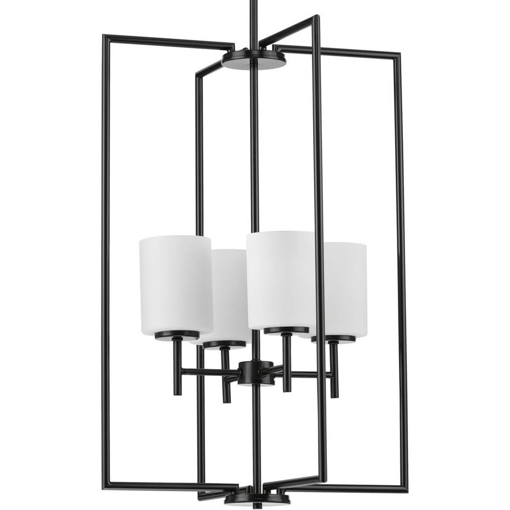 Progress Lighting Replay Collection Four-Light Textured Black Etched White Glass Modern Pendant Light