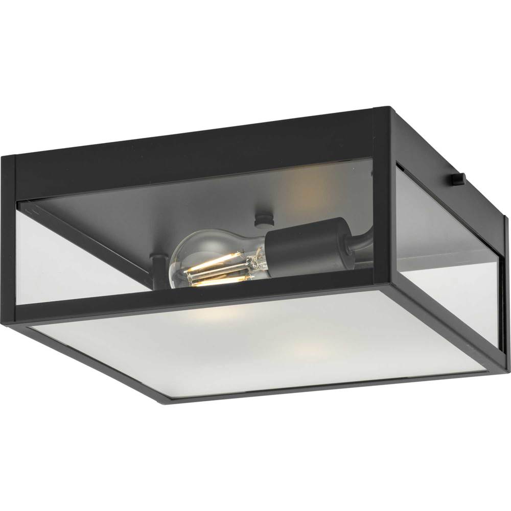 Progress Lighting Parrish Collection Two-Light Matte Black Clear and Etched Glass Modern Craftsman Outdoor Flush Mount