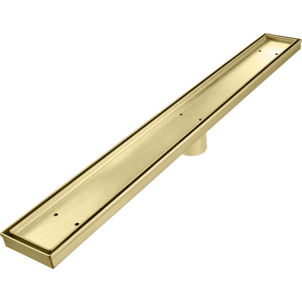 QM Drain Delmar Series. 24'' Standard length Plain Edge linear drain. Mist (Tile-in) Line. Gold