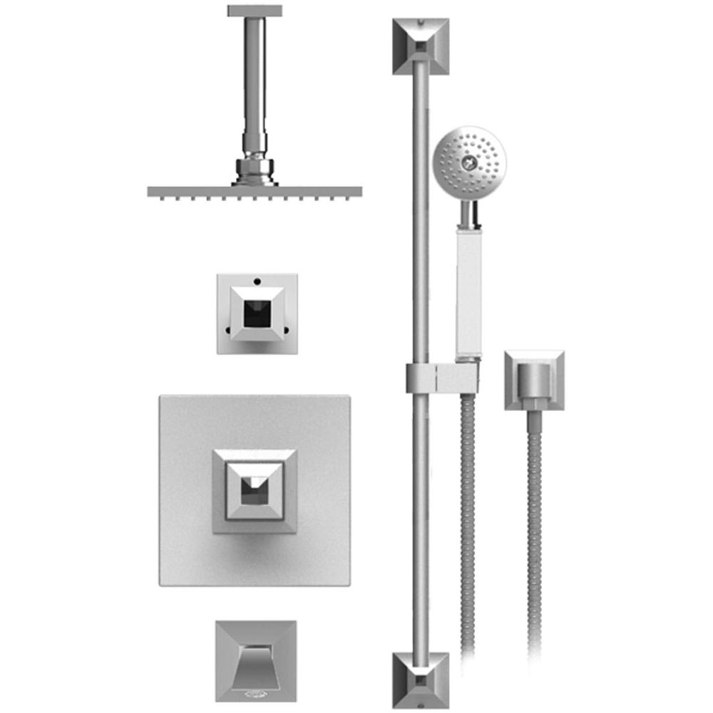 Rubinet Temperature Control Tub & Shower With Three Way Diverter & Shut-Off, Hand Held Shower, Bar, Integral Supply Wall Mount Tub Filler Spout & Fixed Shower