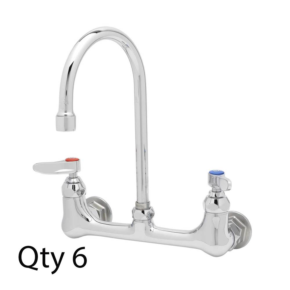 T&S Brass Double Pantry Faucet, Wall Mount, 8'' Centers, Swivel Gooseneck, Lever Handles (Qty. 6)
