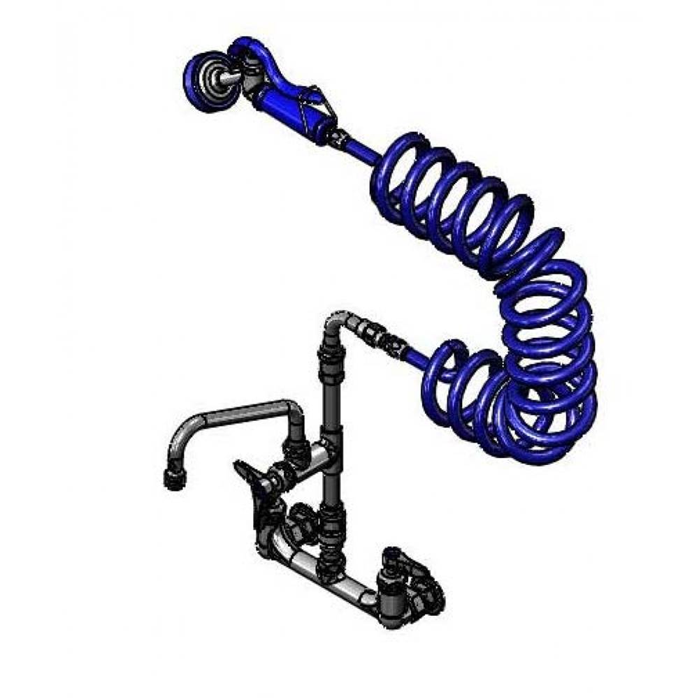T&S Brass Pet Grooming: 8'' Wall Mount, Ceramas, 8'' Nozzle, VB, 9' Coil Hose, Angled Blue Spray Valve