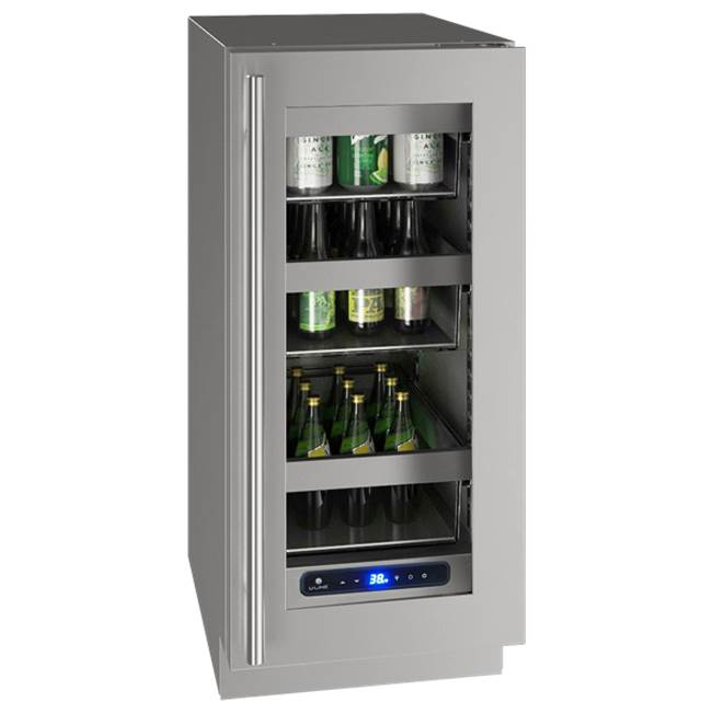 U Line Glass Refrigerator 15'' Reversible Hinge Stainless 115v
