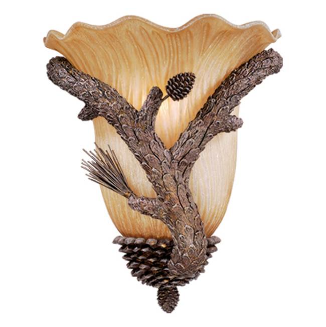 Vaxcel Aspen 1 Light Rustic Pinecone Wood Flush Wall Sconce Amber Glass