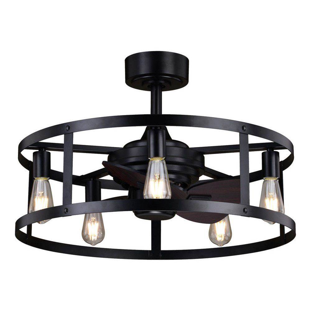 Vaxcel Akron Black Farmhouse Drum Cage Chandelier Ceiling Fan with LED Light Kit and Remote