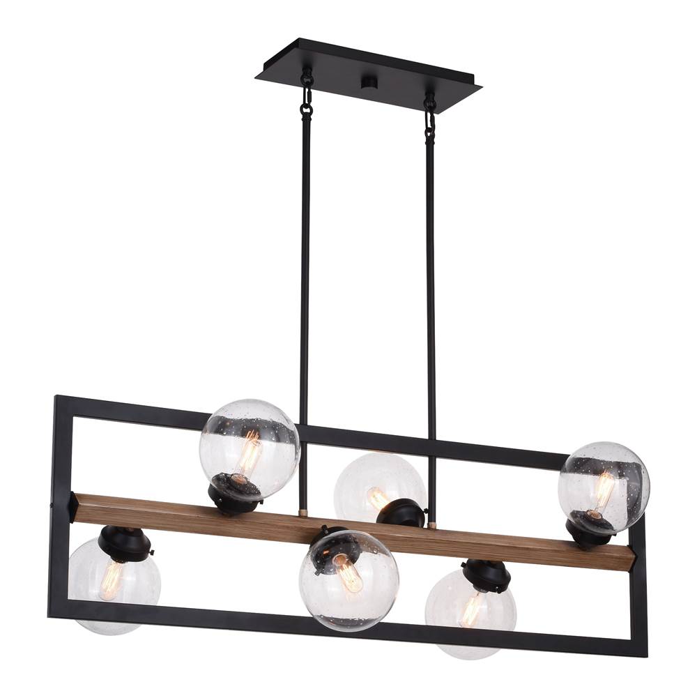 Vaxcel Bridgeview 38-in Oil Rubbed Bronze and Wood Industrial 6 Light Linear Chandelier, Hanging Ceiling Island Pendant