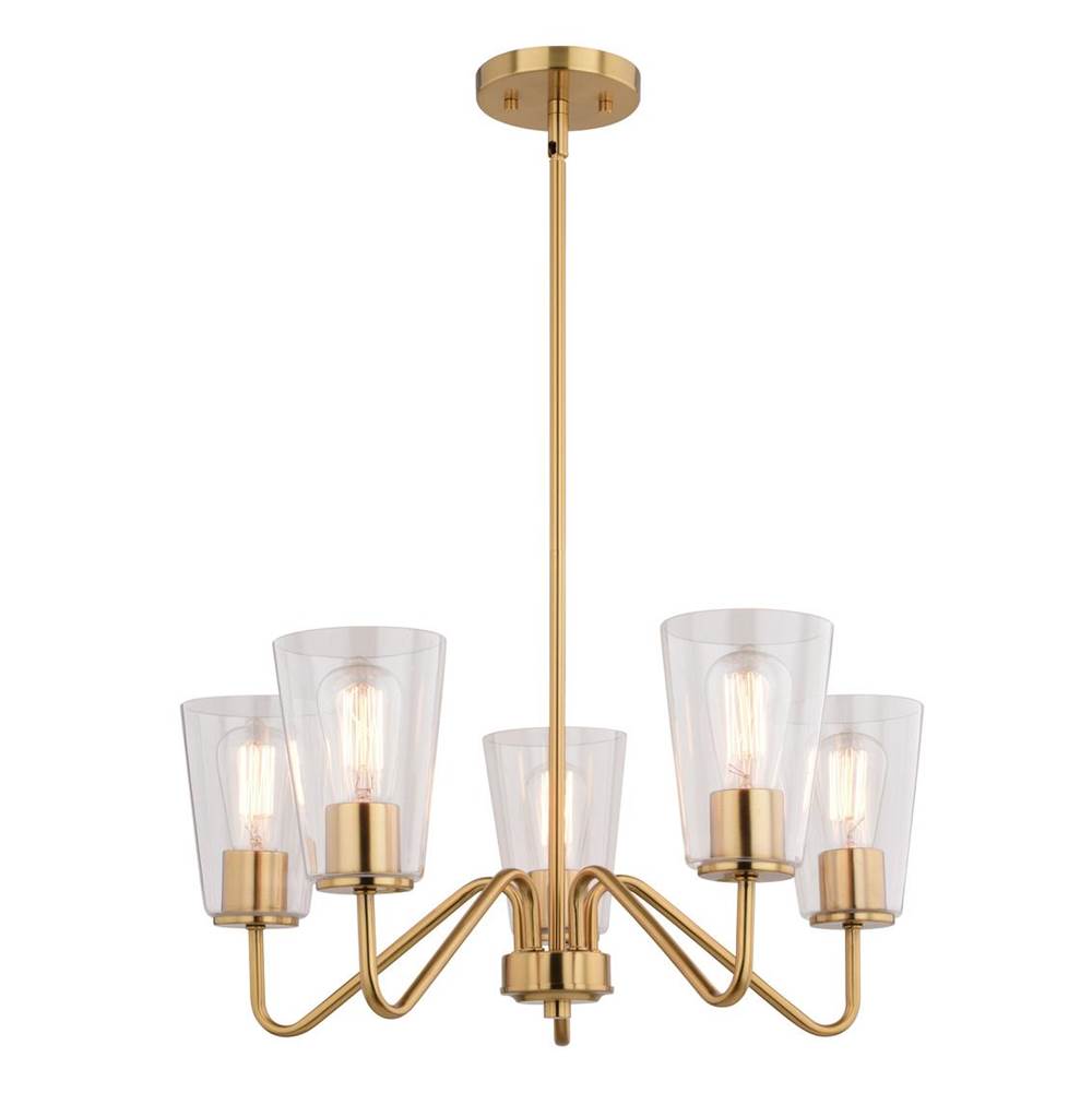 Vaxcel Beverly 5 Light Gold Muted Brass Chandelier Fixture Clear Glass Shade, LED Compatible