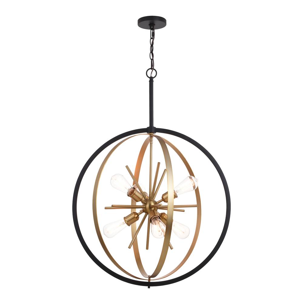 Vaxcel Estelle 26.75-in Brass and Black Mid Century Modern 6 Light Globe Sputnik Hanging Ceiling Pendant Chandelier