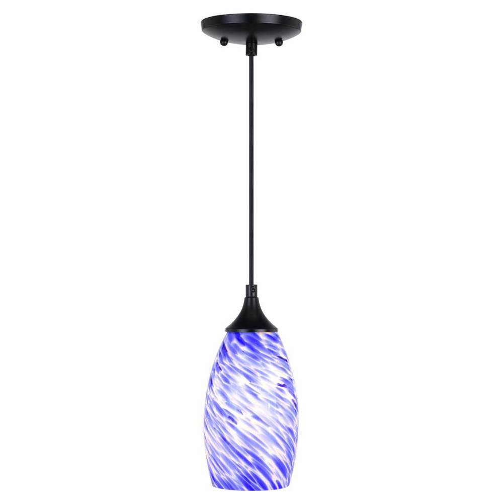 Vaxcel Milano Matte Black Mini Pendant Ceiling Light with Blue Swirl Art Glass