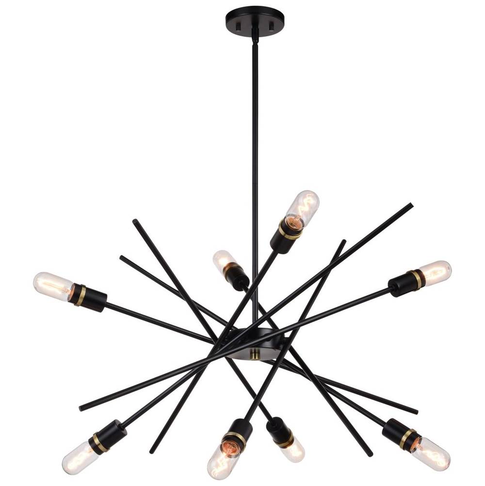Vaxcel Halsted 8 Light Black and Satin Brass Mid-Century Modern Sputnik Pendant Light