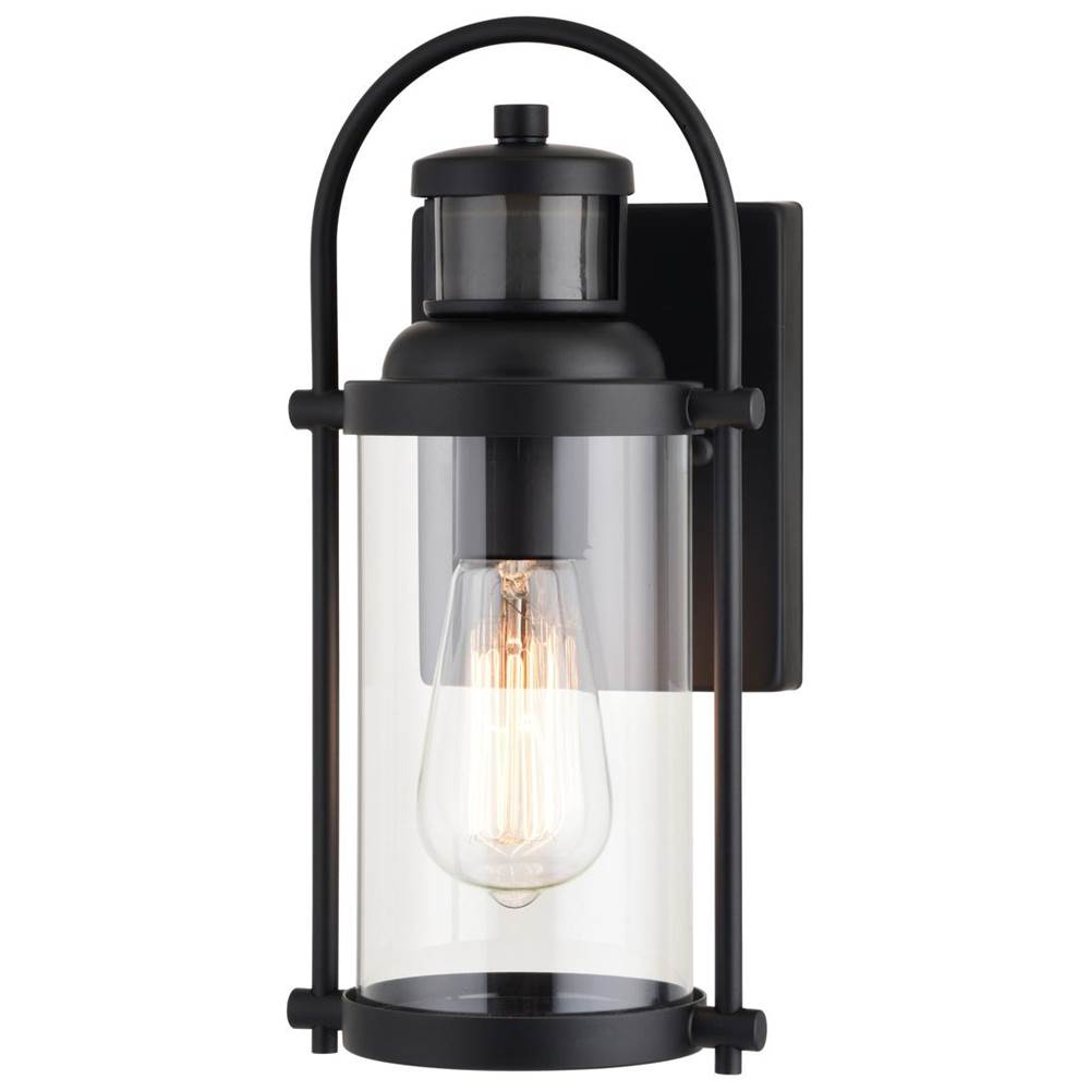 Vaxcel Winfield Matte Black Motion Sensor Dusk to Dawn Contemporary Outdoor Wall Light with Clear Cylinder Glass