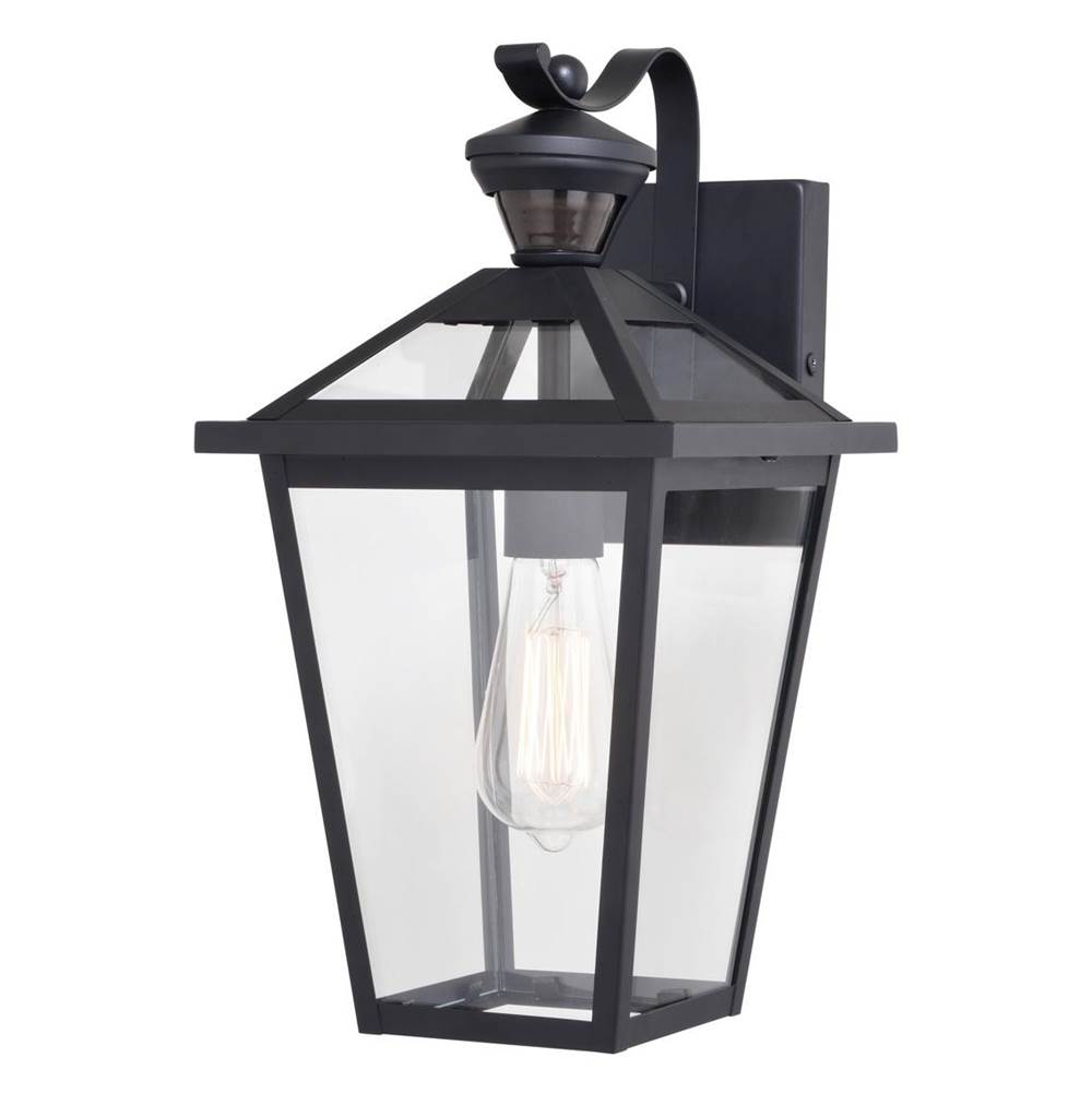 Vaxcel Derby 1 Light Matte Black Motion Sensor Dusk to Dawn Outdoor Wall Lantern Clear Glass Shade, LED Compatible