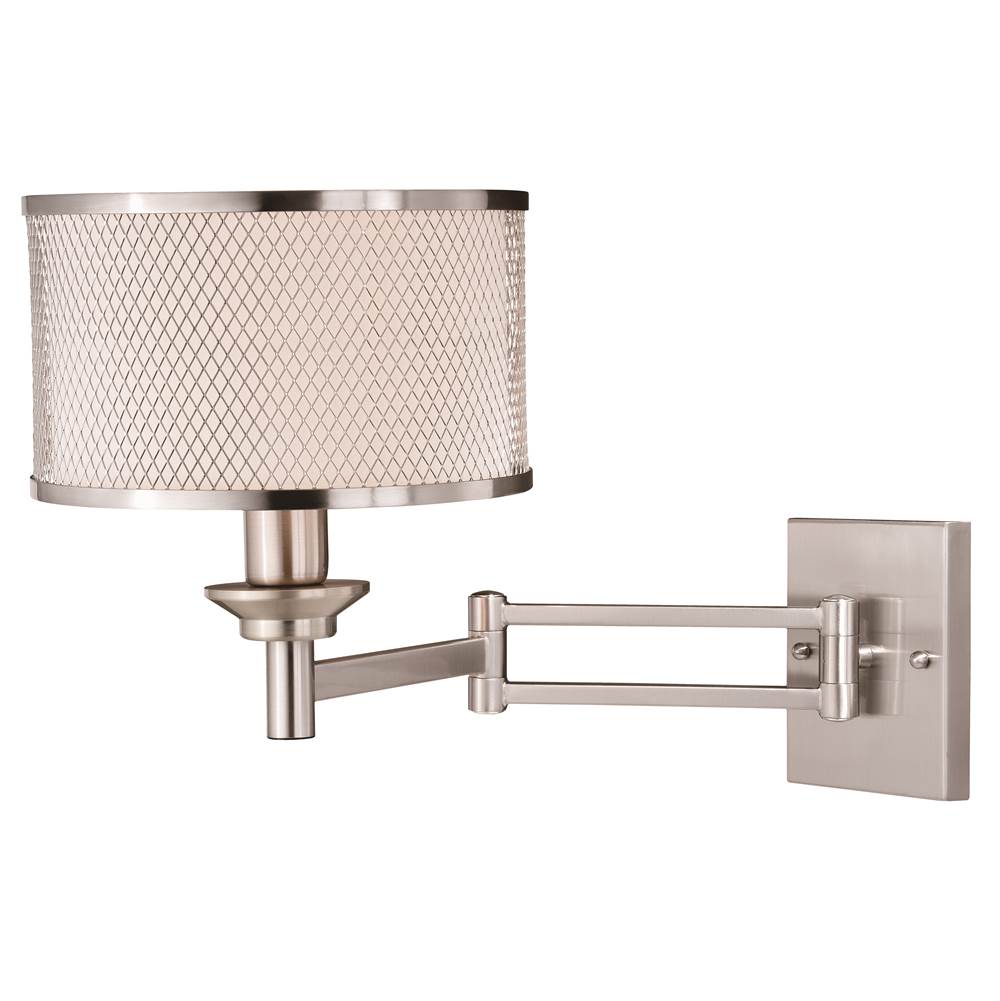 Vaxcel Polk Plug-In Satin Nickel Swing Arm Wall Lamp Gray Linen Drum Shade