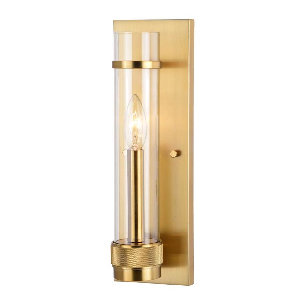 Vaxcel Bari 1 Light Satin Brass Contemporary Wall Sconce with Clear Cylinder Glass