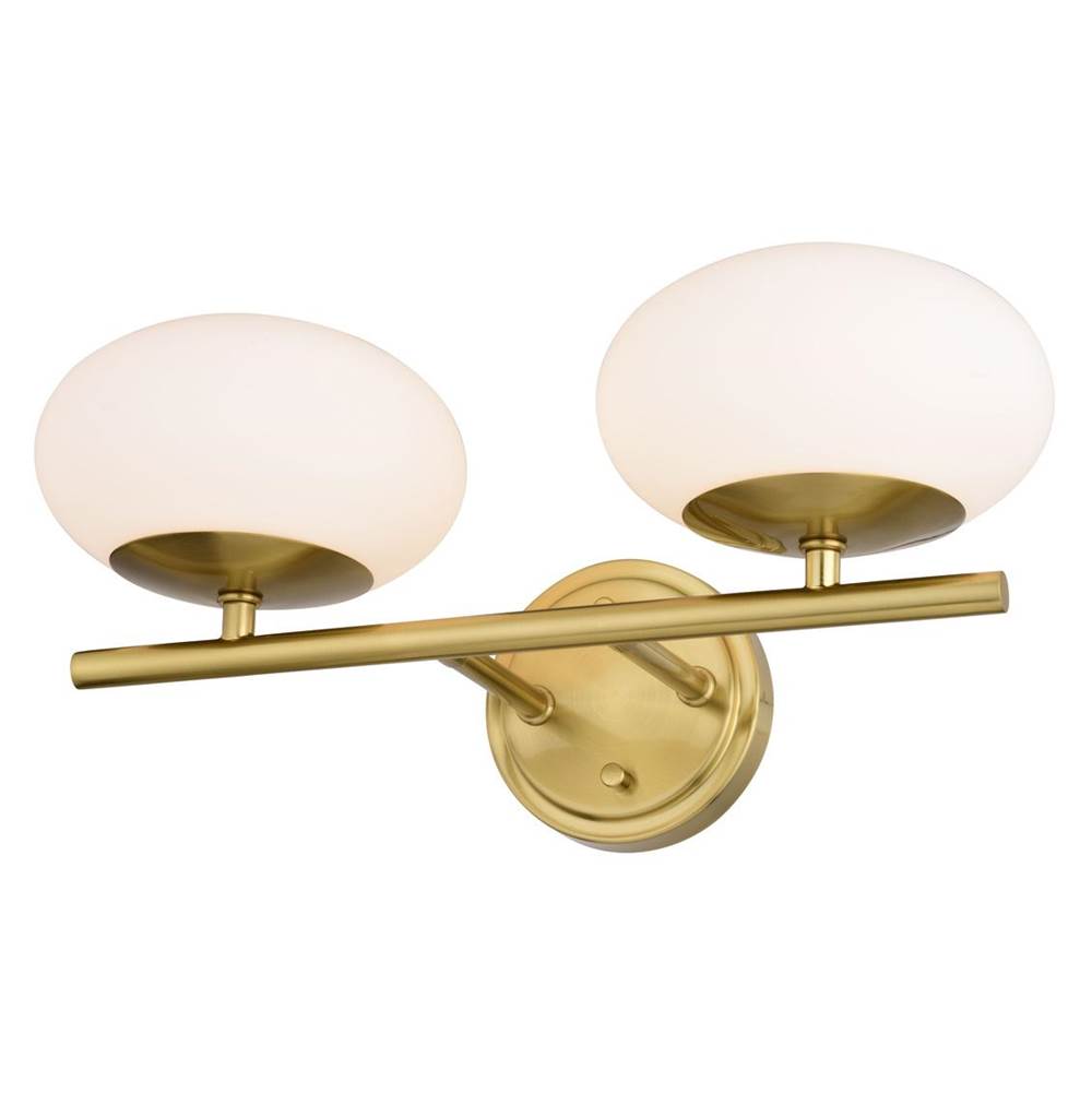 Vaxcel Sloane 2 Light LED Gold Satin Brass Mid-Century Modern Bathroom Vanity Wall Fixture with White Glass Globes