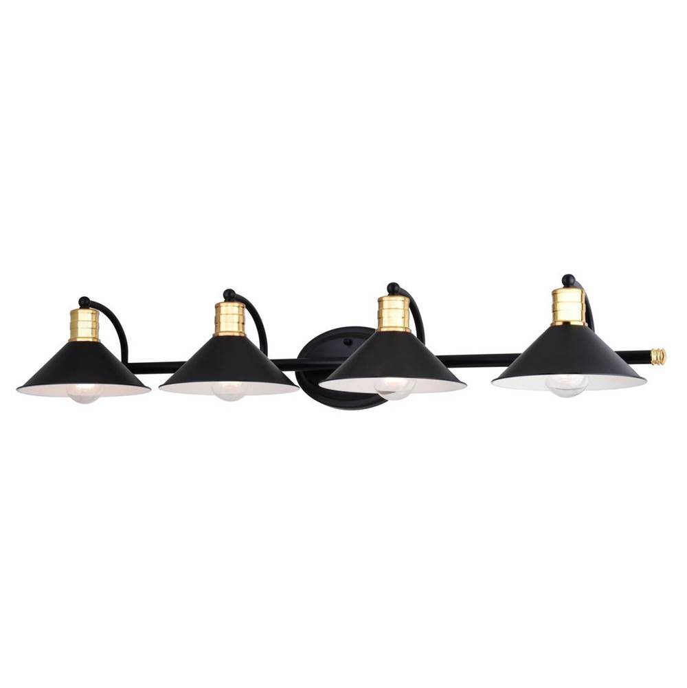 Vaxcel Akron 4 Light Matte Black with Gold Brass Industrial Bathroom Vanity Wall Fixture - Metal Shades