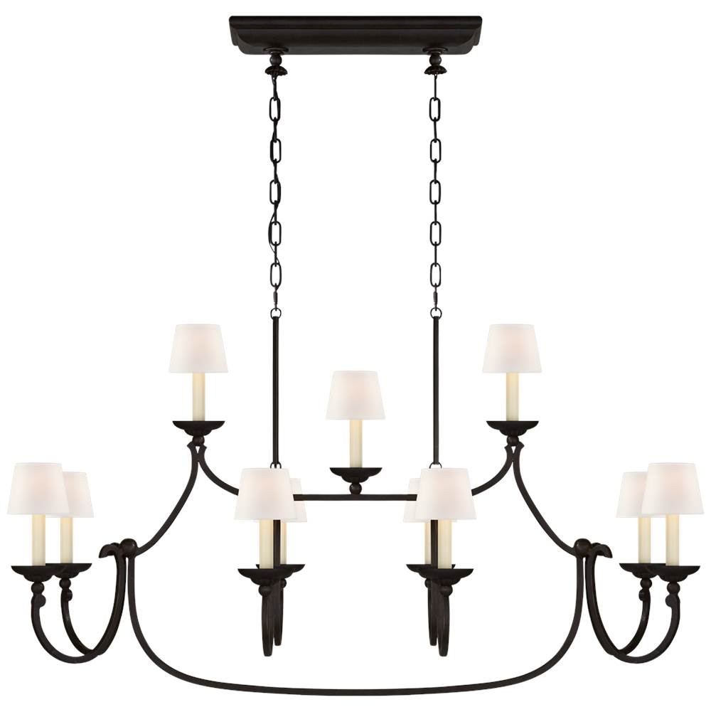 Visual Comfort Signature Collection Flemish Large Linear Pendant in Aged Iron with Linen Shades