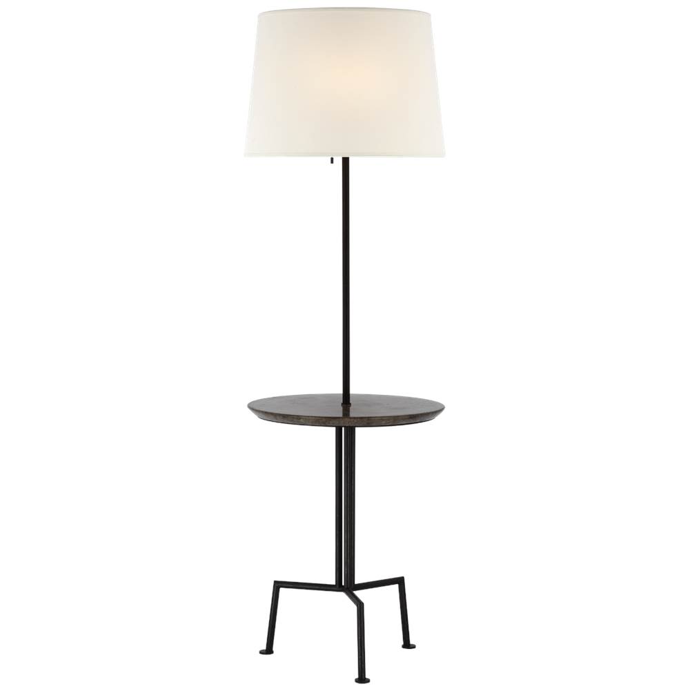 Visual Comfort Signature Collection Tavlian Large Tray Table Floor Lamp in Aged Iron and Gray Marble with Linen Shade
