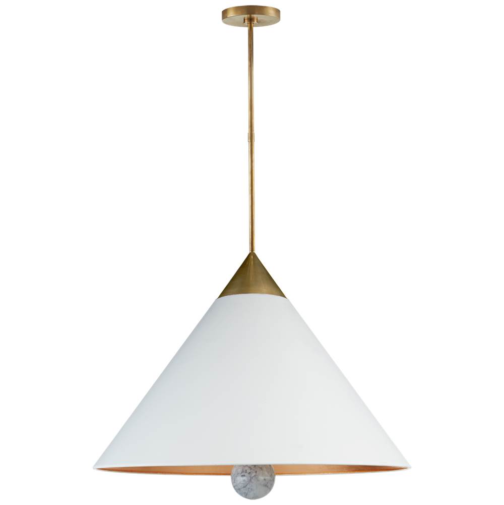 Visual Comfort Signature Collection Cleo Large Pendant in Antique-Burnished Brass and White Marble with White Shade with Gild Interior