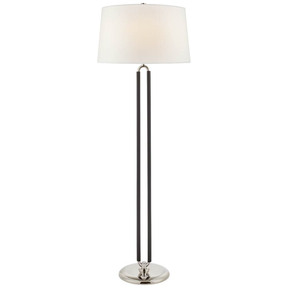 Visual Comfort Signature Collection Cody Large Floor Lamp in Polished Nickel and Chocolate Leather with Linen Shade