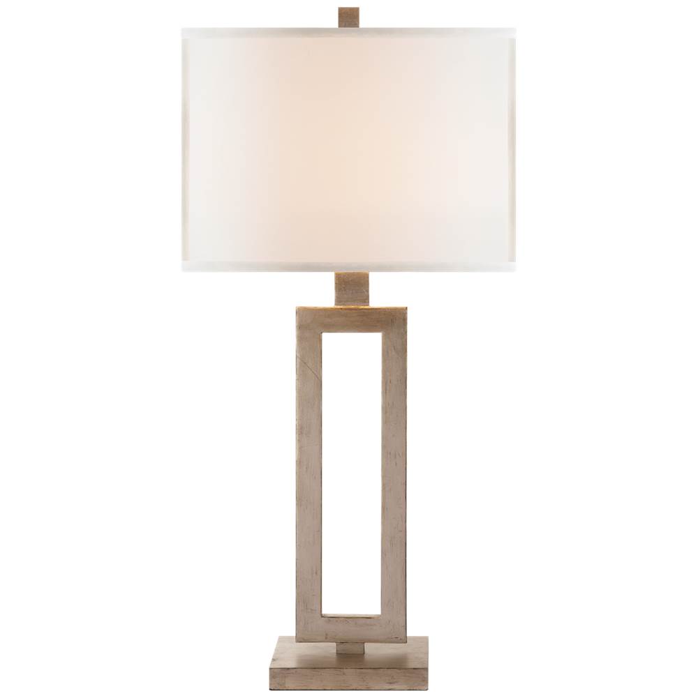 Visual Comfort Signature Collection Mod Tall Table Lamp in Burnished Silver Leaf with Linen Shade