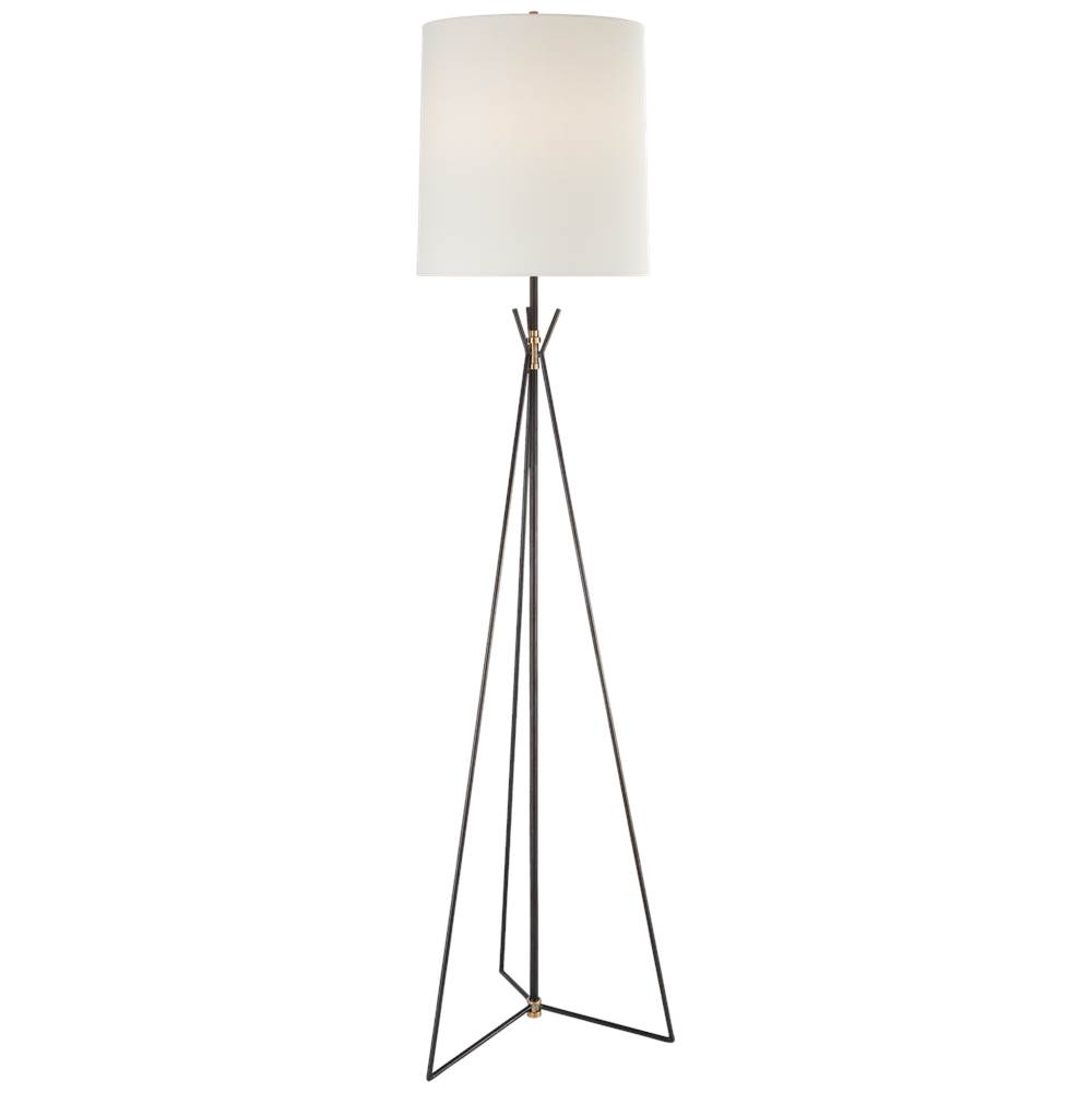 Visual Comfort Signature Collection Tavares Large Floor Lamp in Aged Iron and Hand-Rubbed Antique Brass with Linen Shade