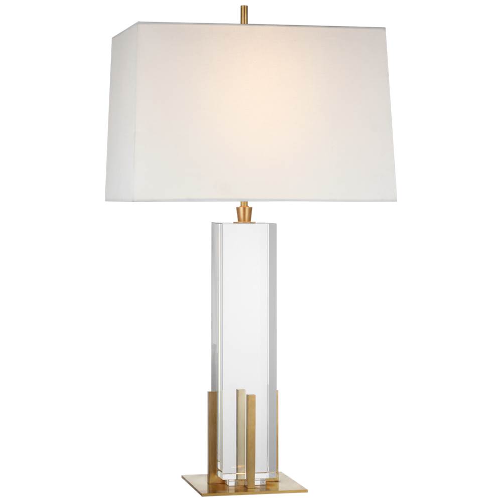 Visual Comfort Signature Collection Gironde Large Table Lamp in Crystal and Hand-Rubbed Antique Brass with Linen Shade