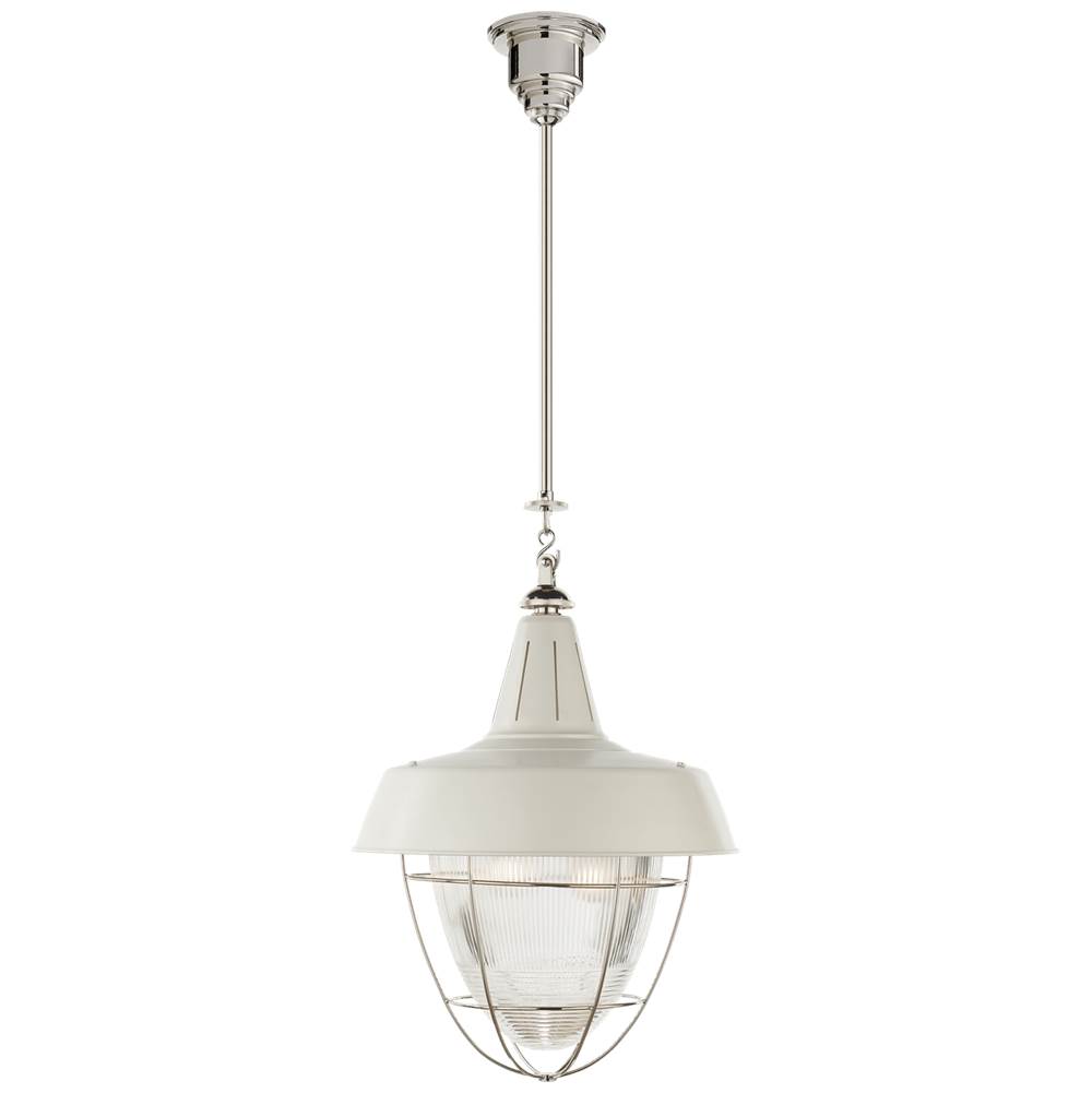 Visual Comfort Signature Collection Henry Industrial Hanging Light in Polished Nickel and White Shade with Industrial Prismatic Glass