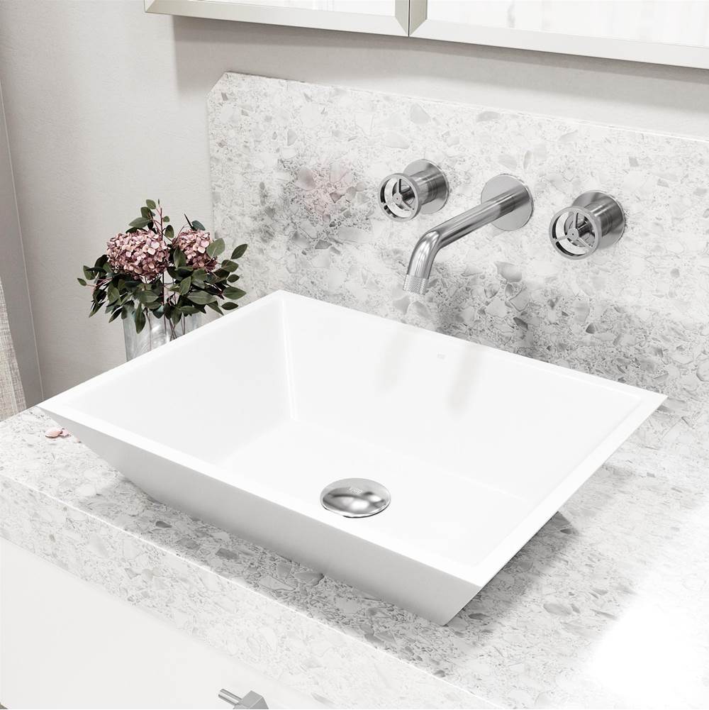 Vigo Matte Stone Vinca Composite Rectangular Vessel Bathroom Sink in White with Wall-Mount Faucet and Pop-Up Drain in Chrome