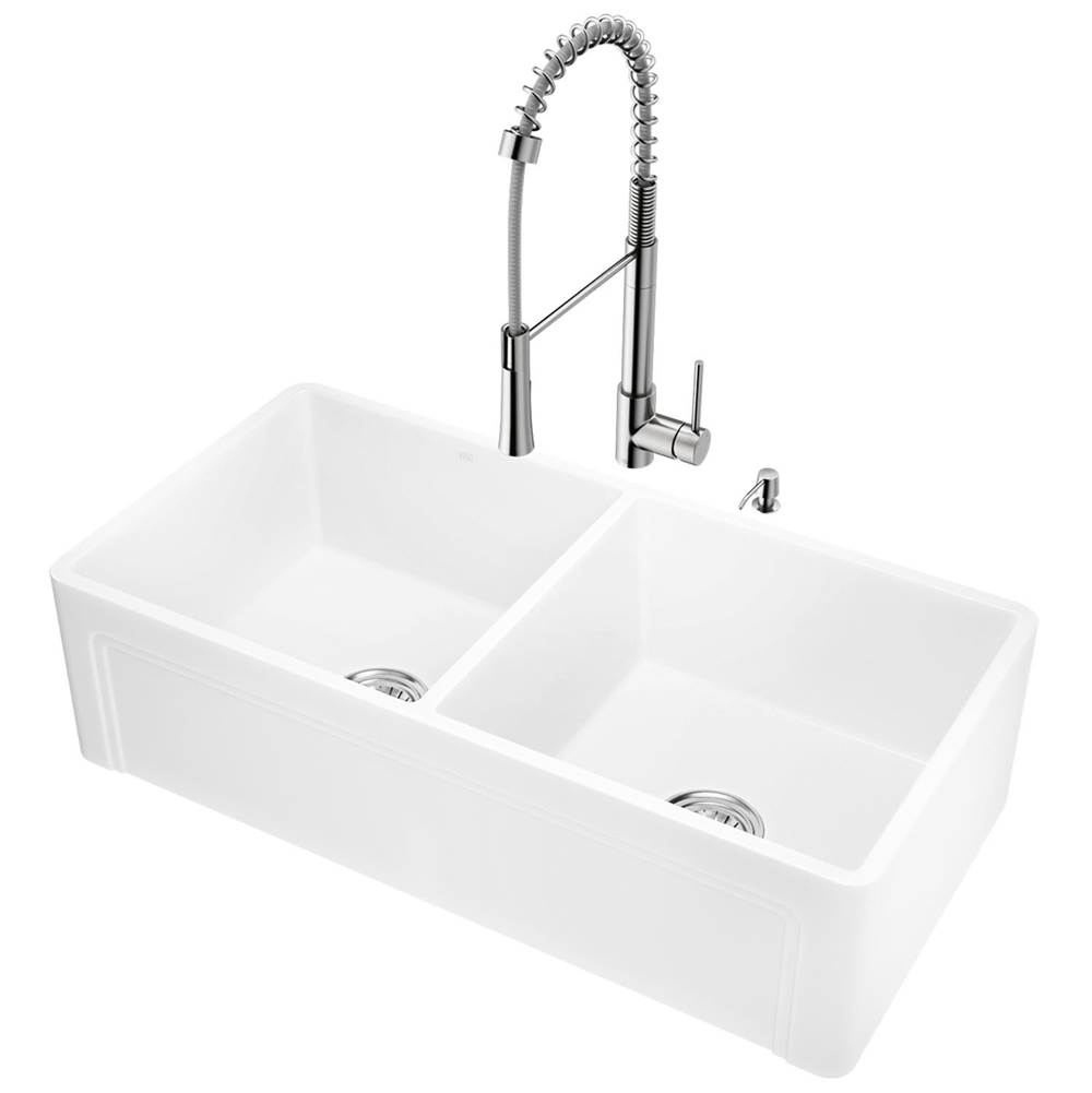 Vigo All-In-One 36'' Casement Front Matte Stone Double Bowl Farmhouse Apron Kitchen Sink Set With Laurelton Faucet In Stainless Steel, Two Straine
