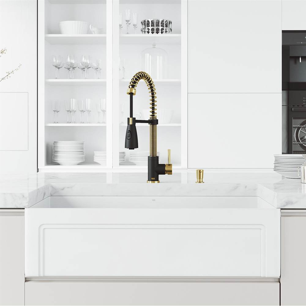 Vigo 36 in. Matte Stone Casement Apron Front Farmhouse Kitchen Sink with Brant Pull-Down Faucet in Matte Brushed Gold and Matte Black