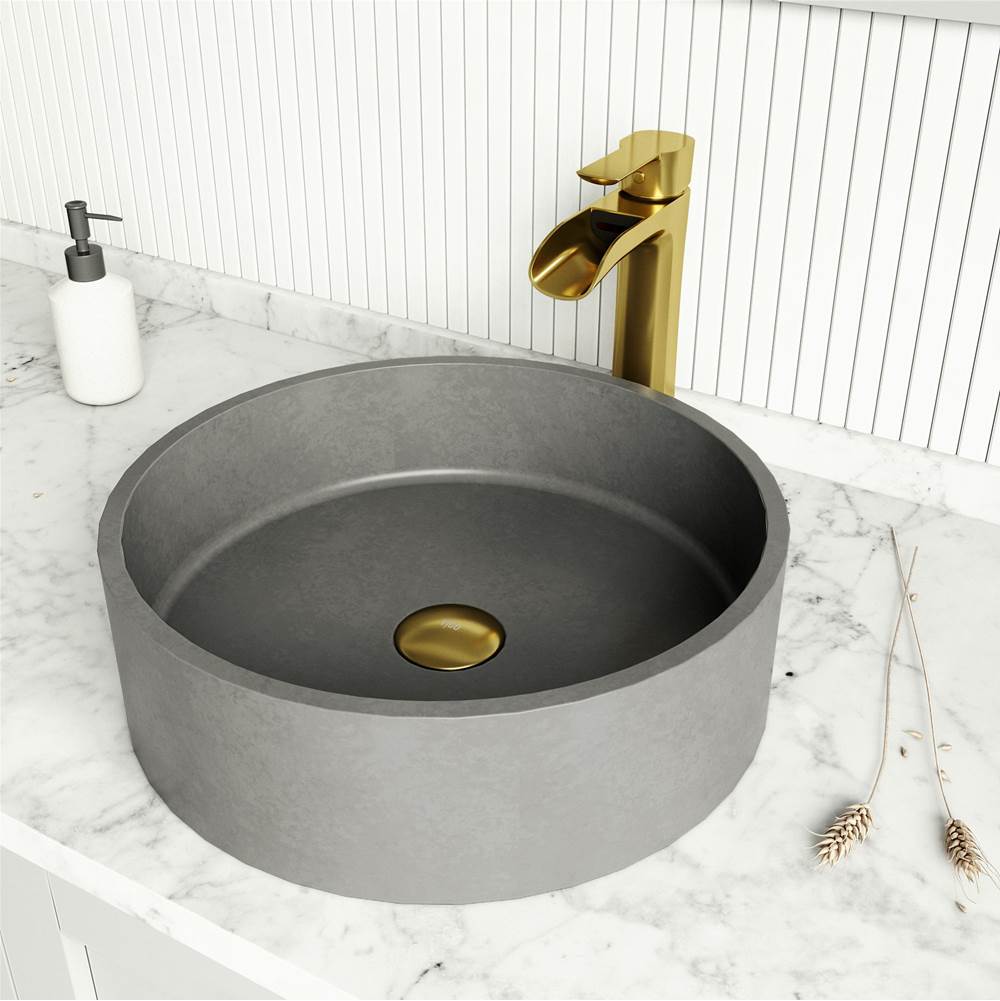 Vigo ConcretoStone Round Vessel Bathroom Sink with Niko Bathroom Faucet and Pop-Up Drain in Matte Brushed Gold