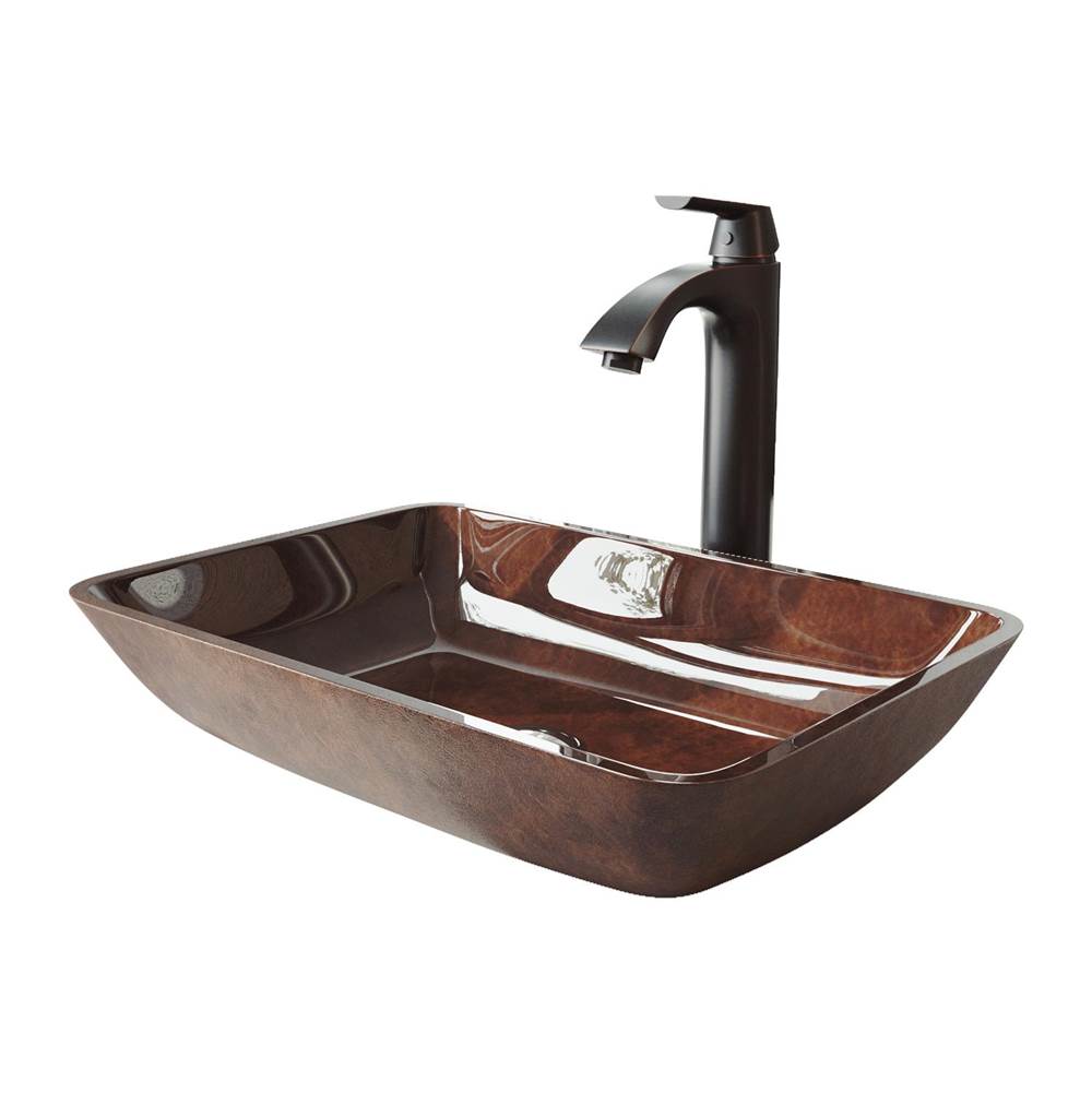 Vigo 18'' Rectangular Russet Glass Vessel Bathroom Sink Set With Linus Vessel Faucet In Antique Rubbed Bronze