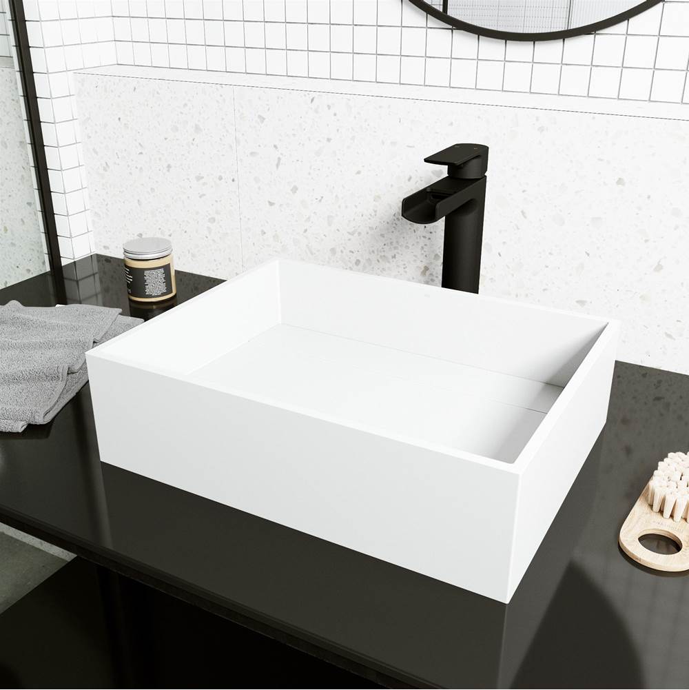 Vigo Montauk Rectangular MatteStone Vessel Bathroom Sink with Amada Bathroom Faucet and Pop-Up Drain in Matte Black