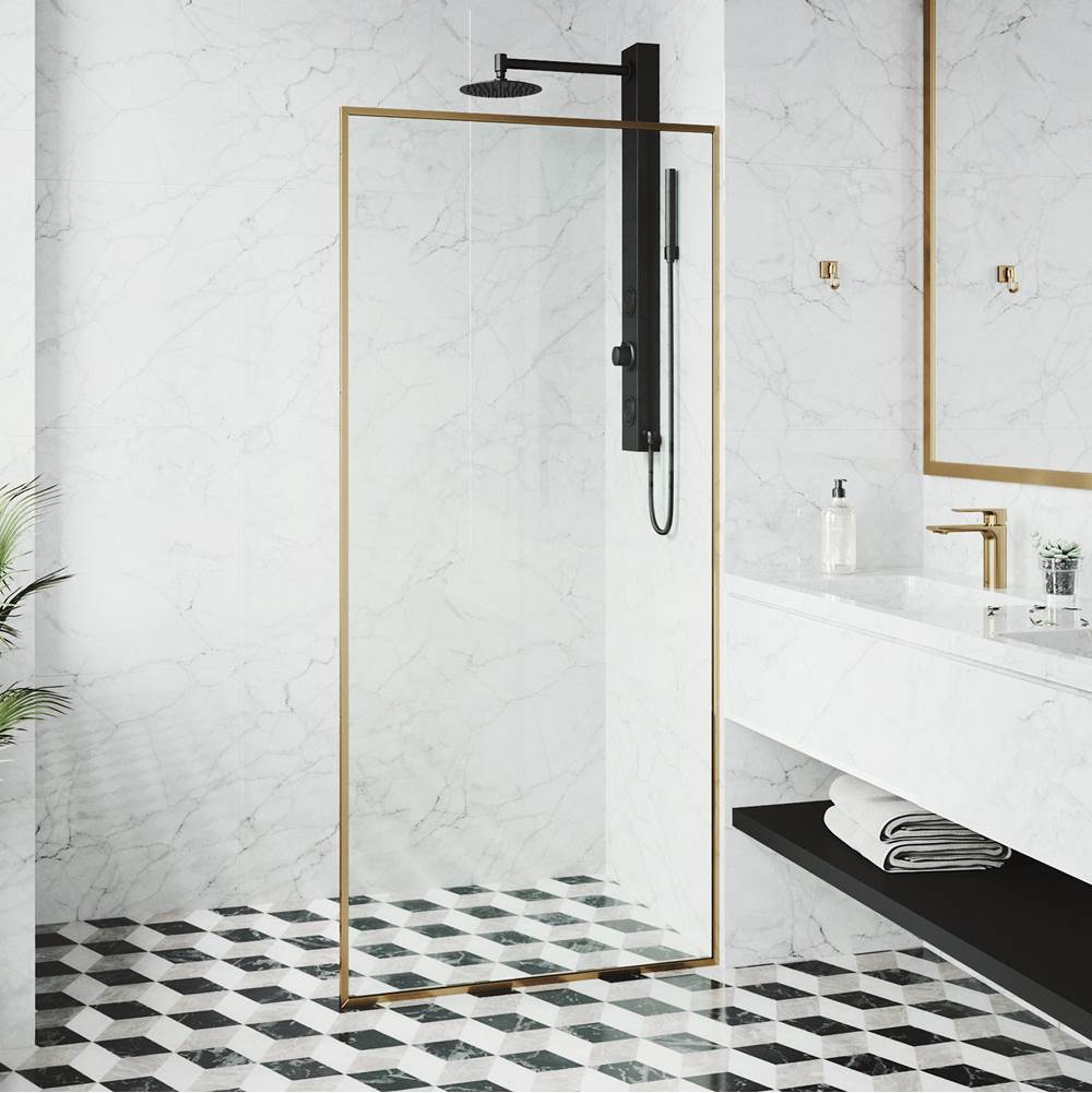 Vigo 34-in Meridian Fixed Frame Clear 3/8'' Tempered Class Glass Reversible Shower Screen in Matte Brushed Gold Finish