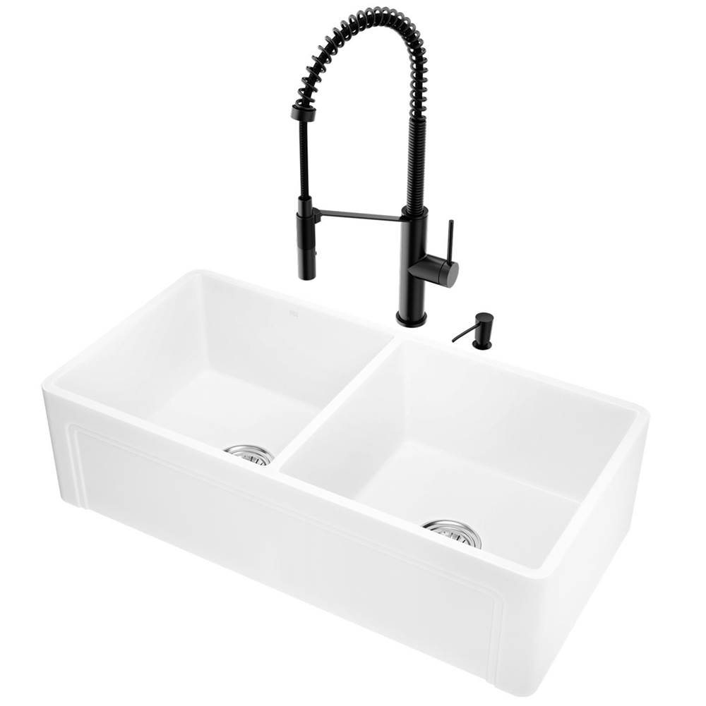 Vigo All-In-One 36'' Casement Front Matte Stone Double Bowl Farmhouse Apron Kitchen Sink Set With Livingston Faucet In Matte Black, Two Strainers