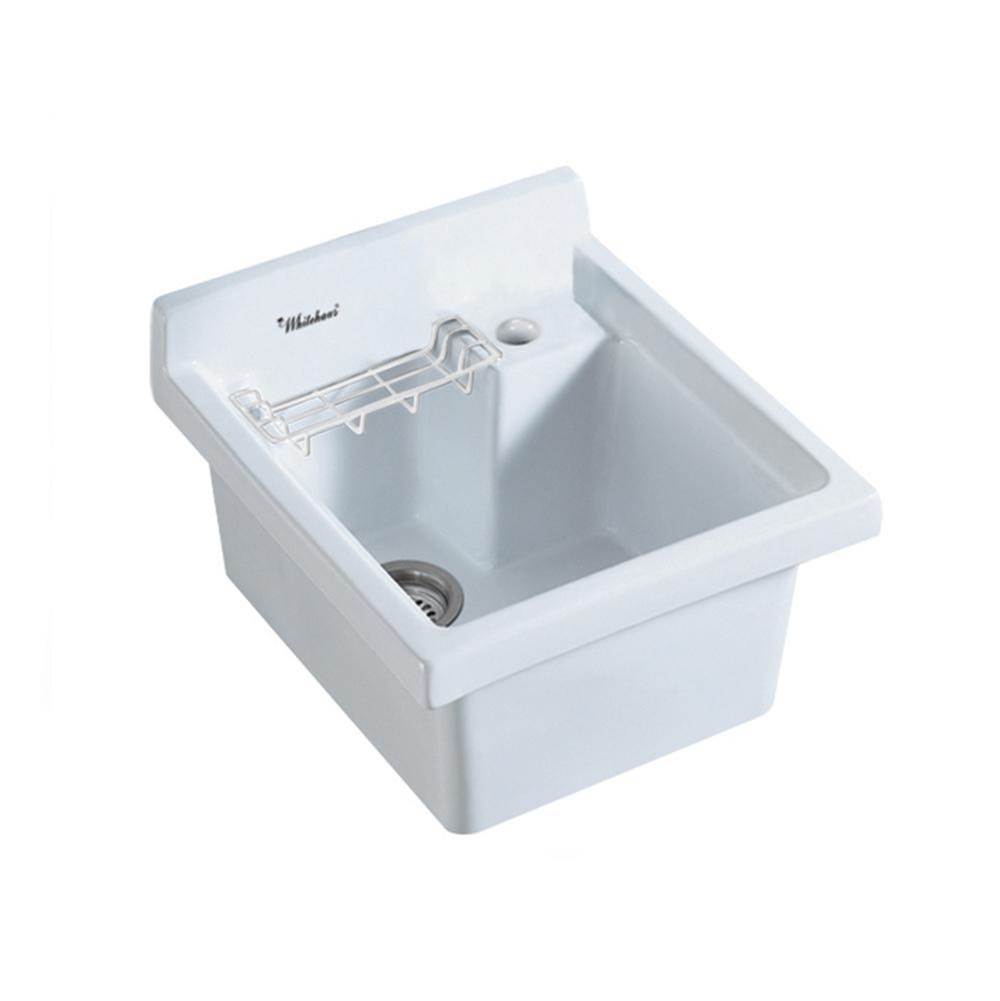 Whitehaus Collection Vitreous China Single Bowl, Drop-in Sink with Wire Basket and 3 ½ Inch Off Center Drain