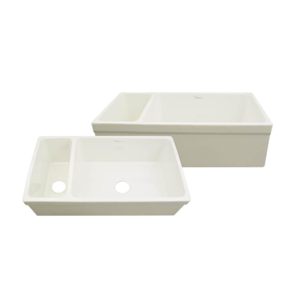 Whitehaus Collection Farmhaus Fireclay Quatro Alcove Large Reversible Sink and Small Bowl with Decorative 2 ½'' Lip on Both Sides